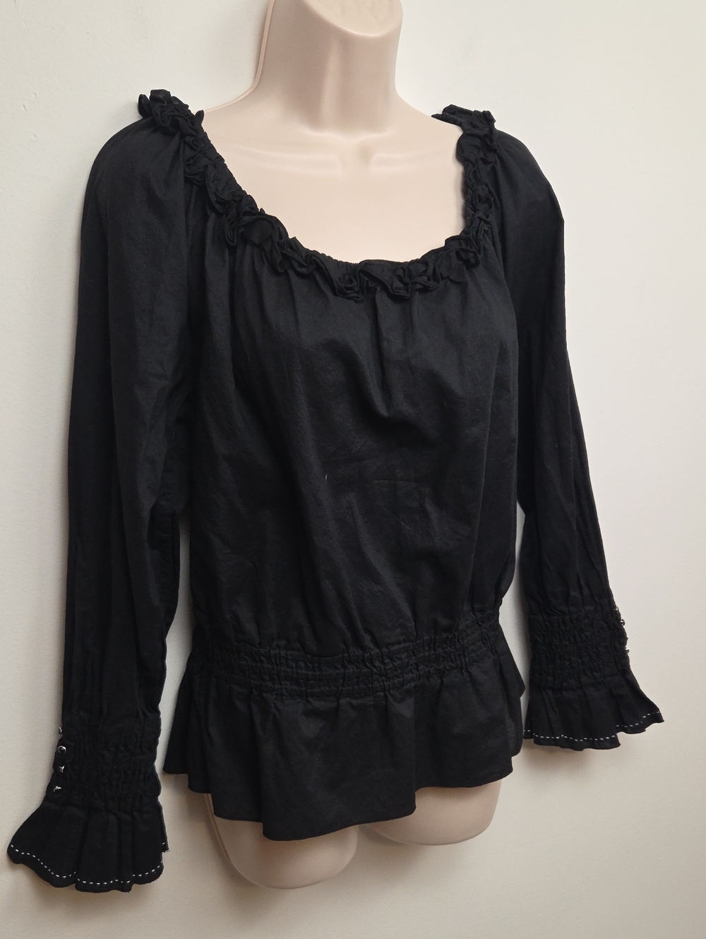 Scully Y2K Black Peasant Blouse Ruffle Neck Bell Sleeve Smocked Waist Boho - XL
